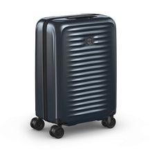 Load image into Gallery viewer, Angled front view of the dark blue suitcase with the telescopic handle retracted.