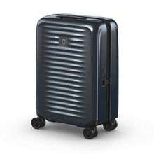 Load image into Gallery viewer, Front angled view of the dark blue suitcase with the telescopic handle retracted.