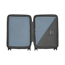Load image into Gallery viewer, Interior view of the light blue suitcase, showing the zipper-closing dividers to hold your contents in place.