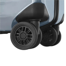 Load image into Gallery viewer, Close up to a wheel on the light blue suitcase.