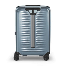 Load image into Gallery viewer, Back panel view of the light blue suitcase with the telescopic handle retracted.