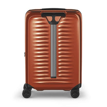 Load image into Gallery viewer, Back panel view of the orange suitcase with the telescopic handle retracted.