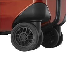 Load image into Gallery viewer, Close up to a wheel on the orange suitcase.