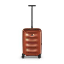 Load image into Gallery viewer, Front panel view of the orange suitcase with the telescopic handle extended.