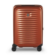 Load image into Gallery viewer, Front panel view of the orange suitcase with black trims showing the telescopic handle retracted.