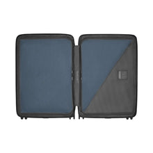 Load image into Gallery viewer, Interior view of the dark blue suitcase, showing the zipper-closing dividers to hold your contents in place.