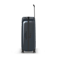 Load image into Gallery viewer, Side panel view of the dark blue suitcase, featuring a grab handle and a TSA approved three-digit combination lock.