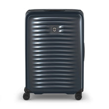 Load image into Gallery viewer, Front panel view of the dark blue suitcase with the telescopic handle retracted.