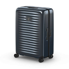 Load image into Gallery viewer, Angled front view of the dark blue suitcase with the telescopic handle retracted.