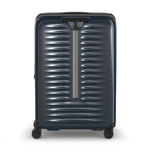 Load image into Gallery viewer, Back panel view of the dark blue suitcase with the telescopic handle retracted.