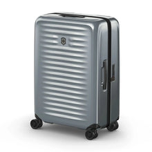 Load image into Gallery viewer, Angled front view of the silver hard side case with the telescopic handle retracted.