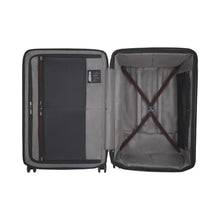 Load image into Gallery viewer, Interior view of the suitcase. The front panel side has a zipper-closing compartment, and a zipper-closing divider. The main compartment has a set of straps to hold contents in place.
