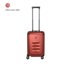 Load image into Gallery viewer, Front panel view of the suitcase with the telescopic handle extended. The top left corner features the reddot winner logo for 2022.