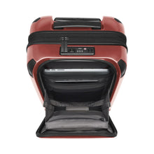 Load image into Gallery viewer, Top view of the suitcase with the front panel's pocket opened. It features a laptop and tablet compartment.