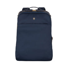Load image into Gallery viewer, Front view of the blue backpack. It features a grabbing handle at the top, and a small Victorinox logo at the front.