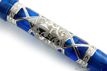 Load image into Gallery viewer, Close up to the engraved platinum-plated overlay on the Fountain Pen barrel.