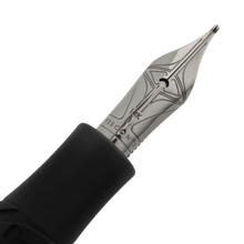 Load image into Gallery viewer, Visconti Divina in Black Matte Pen Series Fountain Pen, Nib Close-Up. It has an engraving with decorations, 18K, B, and the word VISCONTI