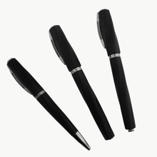 Load image into Gallery viewer, Visconti Divina in Black Matte Ballpoint, Rollerball, and Fountain pen. The pens have a matte black barrel, and chrome-gray accents.