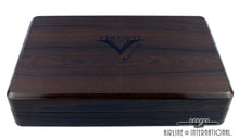 Load image into Gallery viewer, Top view of the wooden presentation box. It has the Visconti logo printed on the lid in black.