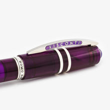 Load image into Gallery viewer, Close up to the Visconti Demo Stones Fountain Pen Cap. The clip has the word VISCONTI engraved on the sides.