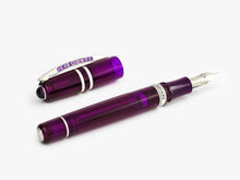 Load image into Gallery viewer, Visconti Homo Sapiens Demo Stones Fountain Pen Amethyst with the cap set to the side. Both are laid at an angle on a white background.
