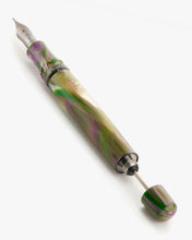 Load image into Gallery viewer, Angled view of the Visconti Homo Sapiens Lotus Garden Fountain pen without the cap. The piston lever is pulled.