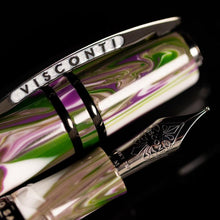 Load image into Gallery viewer, Close up to the Visconti Homo Sapiens Lotus Garden Fountain pen Cap and nib. The nib has a set of decorations engraved with the word VISCONTI, 18KT 750, M.