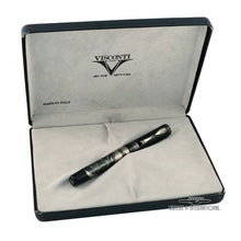 Load image into Gallery viewer, Angled view of the fountain pen in its presentation box. The inside of the lid shows the Visconti logo and the text: Made in Italy.
