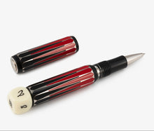 Load image into Gallery viewer, Angled view of the Visconti Backgammon Rollerball Pen with the cap set to the side. Laid on a white background.