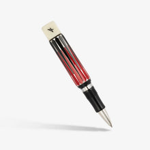 Load image into Gallery viewer, Side view of the Visconti Backgammon Rollerball Pen without the cap. It has a black grip section, and the barrel is composed of a red, and black Backgammon board pattern with metal trims. The top of bottom of the pen has a die.
