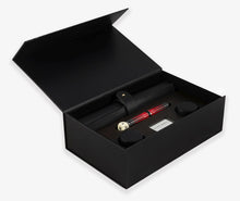 Load image into Gallery viewer, Opened view of the Visconti Backgammon presentation box. it has slots for the pen, the pen case