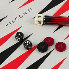 Load image into Gallery viewer, Close up to the Visconti Backgammon board with the dice, chips, and bottom of the pen.