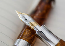 Load image into Gallery viewer, Close up to the fountain pen's nib. it is two-toned and features engraved decorations with the text VISCONTI, 14K, 585