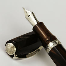 Load image into Gallery viewer, Close up to the fountain pen nib and cap. The nib has a series of decorations engraved with the word VISCONTI and the materials of the nib.
