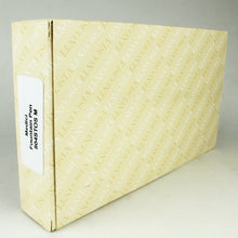 Load image into Gallery viewer, Angled back view of the outer box. It is yellow with the word Visconti printed as a pattern. The side has a sticker that reads: MEDICI FOUNTAIN PEN 804STOS M