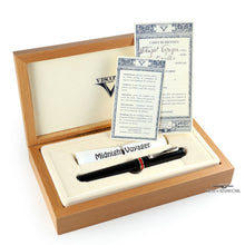 Load image into Gallery viewer, The Fountain Pen arranged in the presentation box' slot with a small scroll and the Identity cards.