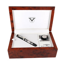 Load image into Gallery viewer, The Fountain Pen in the Presentation Box. The inkwell sits inside a compartment to the side of the pen.