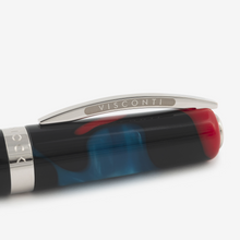 Load image into Gallery viewer, Close up to the Visconti Woodstock in Dark Lava Lamp Fountain Pen Cap. The clip has VISCONTI engraved on both sides. The cap ring has an engraving with the word WOODSTOCK on it.