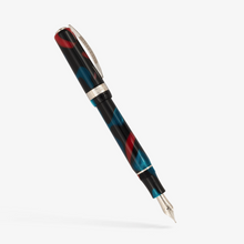 Load image into Gallery viewer, The Visconti Woodstock Dark Lava Lamp Fountain Pen with the cap posted. The pen body and cap are made of blue, black, and red Acrylic Resin swirls with metal fittings.
