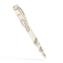 Load image into Gallery viewer, The Visconti Woodstock White Dove Fountain Pen with the cap posted. The pen body and cap are made of White and light brown Acrylic Resin Swirls with metal fittings.