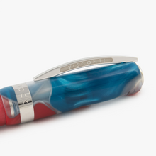 Load image into Gallery viewer, Close up to the Visconti Woodstock Lava Lamp Fountain Pen Cap. The clip has VISCONTI engraved on both sides. The cap ring has an engraving with the word WOODSTOCK on it.