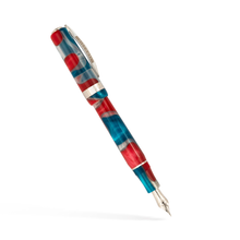 Load image into Gallery viewer, The Visconti Woodstock Lava Lamp Fountain Pen with the cap posted. The pen body and cap are made of blue, translucent white, and Red Acrylic Resin with metal fittings.