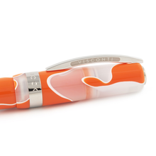 Load image into Gallery viewer, Close up to the Visconti Woodstock Orange Sunshine Fountain Pen Cap. The clip has VISCONTI engraved on both sides. The cap ring has an engraving with the word WOODSTOCK on it.