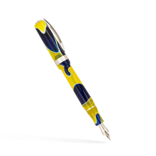 Load image into Gallery viewer, The Visconti Woodstock Peace and Love Fountain Pen with the cap posted. The pen body and cap are made of blue and yellow Acrylic Resin with metal fittings.