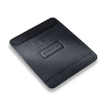 Load image into Gallery viewer, Briggs & Riley Black Leather Outsider Handle Wrap
Front Angled View with 'CRV' Logo embossed in leather