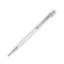 Load image into Gallery viewer, Front view of the white ballpoint pen. It has a white barrel with chrome accents on the top, cap, and nose section. The cap and barrel have an engraved guilloche-like design.