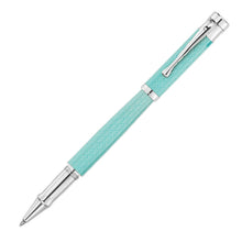 Load image into Gallery viewer, Front view of the aquamarine rollerball pen with the cap posted. The cap and barrel have an engraved guilloche-like design.