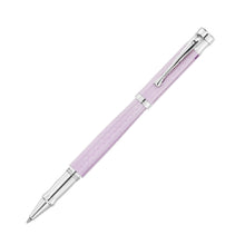Load image into Gallery viewer, Front view of the lilac rollerball pen with the cap posted. The cap and barrel have an engraved guilloche-like design.