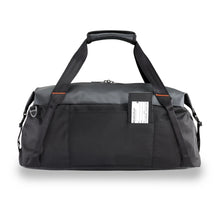 Load image into Gallery viewer, Briggs & Riley ZDX Cargo Crossbody Satchel - Black
Image of Back Panel View with retractable ID Tag shown retracted.
	Height	Width	Depth	Weight
US	13.25"	22.25"	12"	          2.1 lbs.
EU	33.8 cm	30.5 cm	56.6 cm	 .9 kg