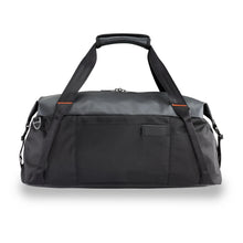 Load image into Gallery viewer, Briggs & Riley ZDX Cargo Crossbody Satchel - Black
Image of Back Panel View with retractable ID Tag shown fully recessed.
	Height	Width	Depth	Weight
US	13.25"	22.25"	12"	          2.1 lbs.
EU	33.8 cm	30.5 cm	56.6 cm	 .9 kg